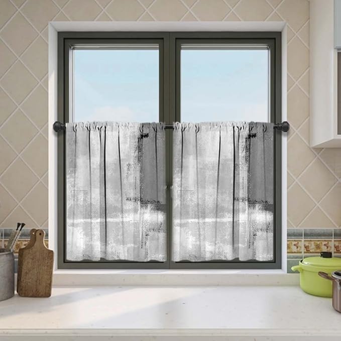 MCALK Grey Abstract Kitchen Curtains Tiers Set 2 Piece for Windows Modern Art Kitchen Window Curtains Set,Contemporary Trendy Valances for Living Room(24" Tiers Set)
