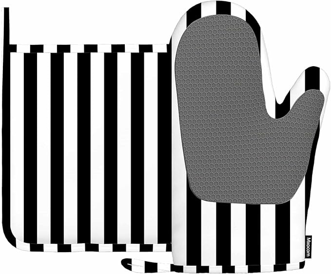 Mxocom Vertical Black Strip Oven Mitts and Pot Holders Sets Black White Silicone Heat Resistant Kitchen Oven Gloves Pot Holder for Cooking