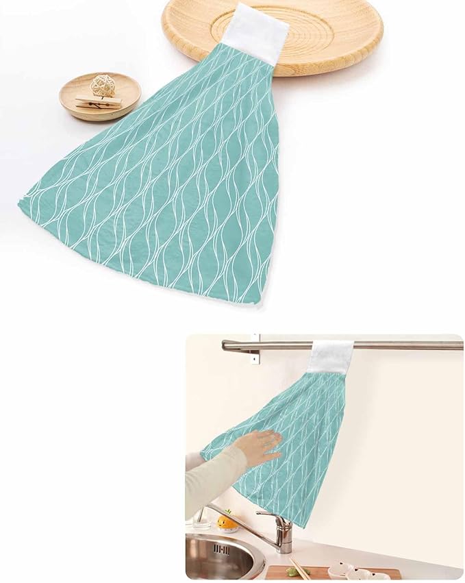 Alandar Home Kitchen Tie Towel Set of 1, White Wave Stripe on Teal Absorbent Soft Hand Towels for Bathroom Hanging Towels, Abstract Geometric Texture Fast Drying Cleaning Cloth with Loop