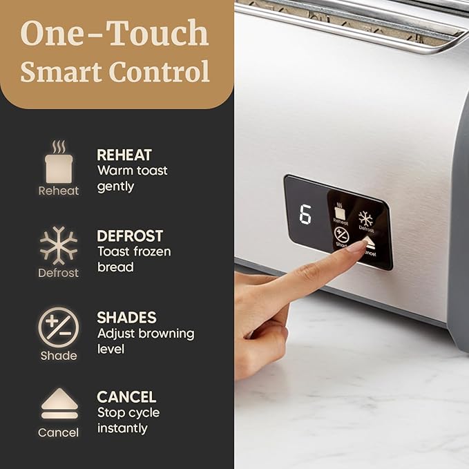 Elite Gourmet Digital Long Slot 4-Slice Toaster – Touch Screen LED Display, Extra Wide 1.5” Slots for Artisan & Bagel Bread, 6 Browning Levels, Defrost & Reheat, Stainless Steel Modern Design