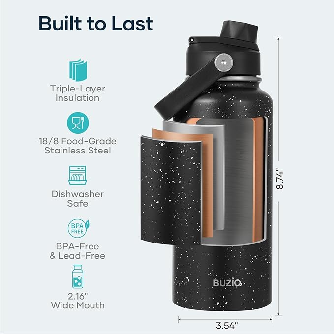 BUZIO 32 oz Water Bottle Insulated, Leakproof Stainless Steel Flask (Cold for 48 Hrs), Wide Mouth BPA-Free Metal Thermo Hydro Canteen with 2 Lids, Starry Day & Night