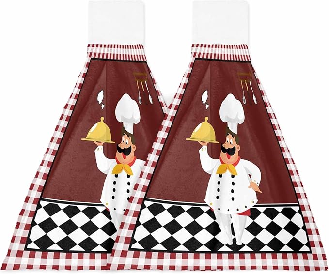 Alandar Home Kitchen Tie Towel Set of 2, Funny Chef Kitchen Tableware Absorbent Soft Hand Towels for Bathroom Hanging Towels, Burgundy Red Black Lattice Fast Drying Cleaning Cloth with Loop