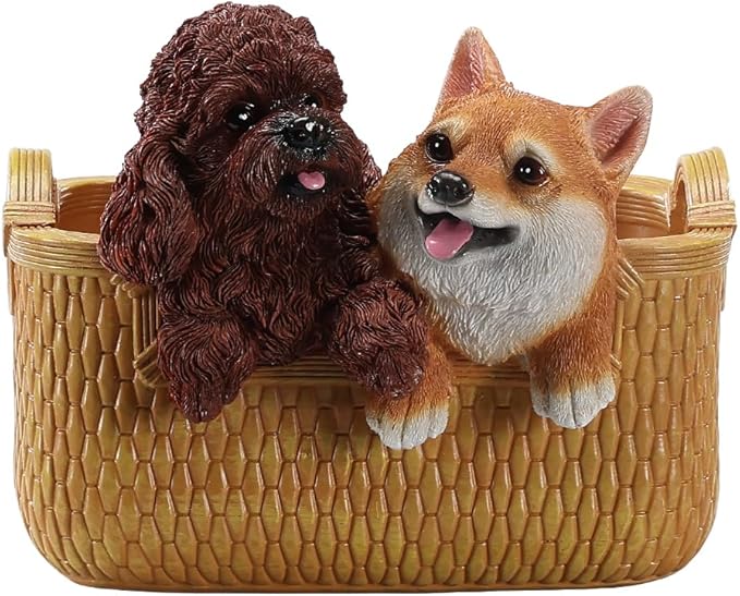Catchall Bowl Poodle & Shiba Inu Statue - Decorative Entryway Key Holder & Candy Dish - Cute Double Dog Figurine Organizer for Desk & Room Decor - Pet Lover Housewarming Gift