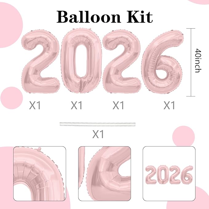 2026 Balloons, 40 inch 2026 Rose Gold Number Balloons, 2026 Happy New Years Decorations, Large Foil Balloons Number for New Years Eve Party Supplies 2026, Class of 2026 Graduation Decorations