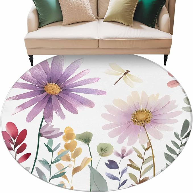 Washable Round Area Rug Country Field Purple Flowers Circle Rugs Floor Carpet for Living Room Bedroom, Farm Floral Art Soft Non Slip Round Rug 5ft