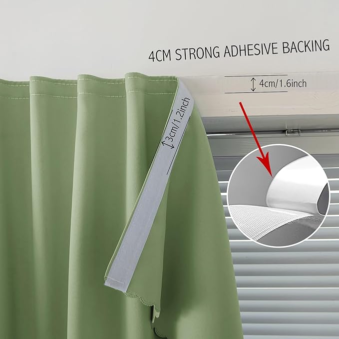 Magic Tape Blackout Curtains for Bedroom No Drillng Self Adhesive Curtains No Rod Small Window, 59" W X 59" L, Sage Green, 1 Panel