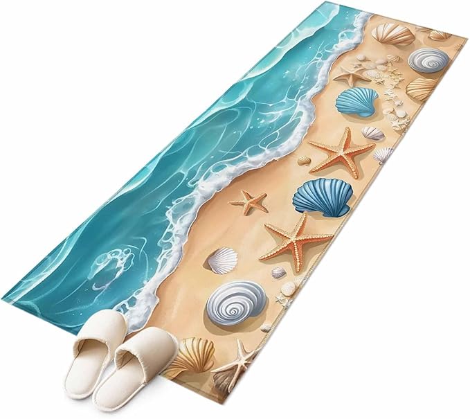 Runner Rug for Bedroom Hallway, Summer Beach Shell Starfish Kitchen Runner Rugs Area Rug 2x6ft, Marine Life Cartoon Style Washable Soft Floor Carpet for Entryway Stair