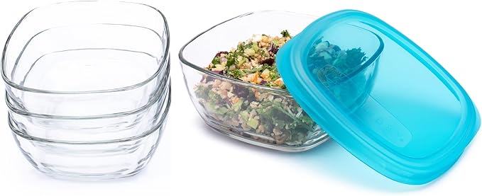 Libbey Serve It 8 Piece Glass Storage Bowl Set with 6 Cup Containers and Blue Plastic Lids