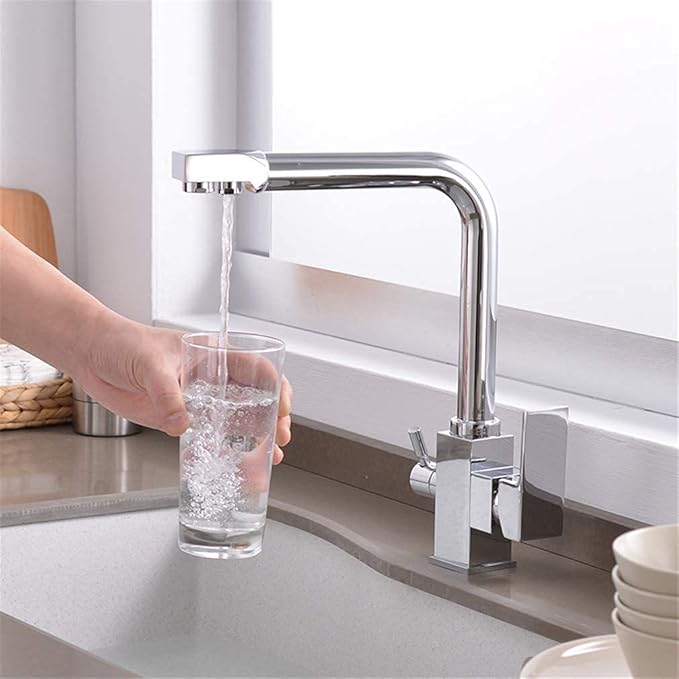 RajoNN 3-Way Kitchen Faucet Water Filter with 360° Swivel Aerator & Dual Handles - Chrome, Stylish Sink Mixer Tap for Clean Drinking Water, Easy Installation
