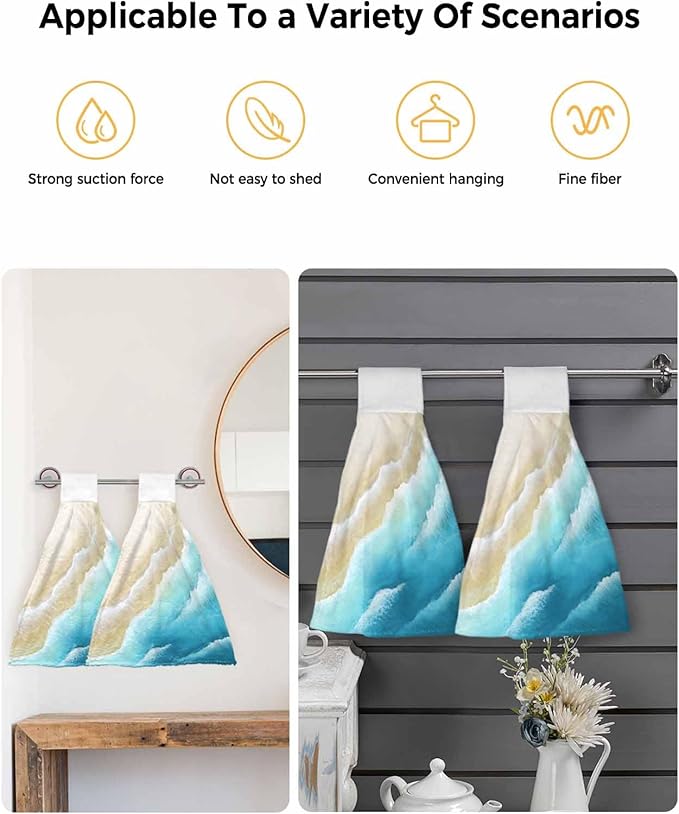 Alandar Home Kitchen Tie Towel Set of 2, Summer Blue Gradients Wave Absorbent Soft Hand Towels for Bathroom Hanging Towels, Sandy Beaches Fast Drying Cleaning Cloth with Loop
