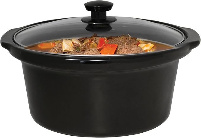 West Bend Slow Cooker 4-Quart Manual Crockery Style with Dishwasher Safe Oval Ceramic Crockpot and Glass Lid Two Temperature Settings Plus Keep Warm, 210-Watts, Black