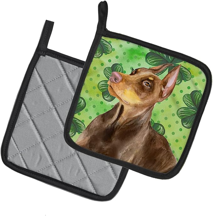 Caroline's Treasures BB9883PTHD Doberman Pinscher St Patrick's Pair of Pot Holders, Green Kitchen Heat Resistant Pot Holders Sets Oven Hot Pads for Cooking Baking BBQ, 7 1/2 x 7 1/2