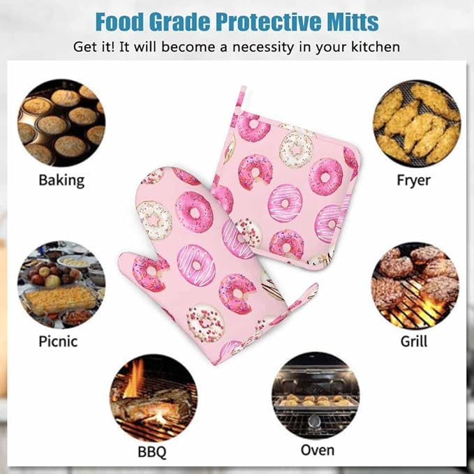 Mxocom Watercolor Donuts Silicone Oven Mitts and Pot Holders Sets Pink Donuts Background BBQ Gloves for Kitchen,Cooking,Baking,Grilling