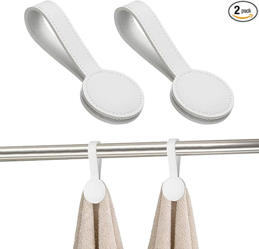 uxcell 2 Pcs Kitchen Magnetic Towel Clips, Leather Towel Holder Clip Multi-Purpose Hand Hooks Kitchen Accessories for Oven Handles Bars Racks, White