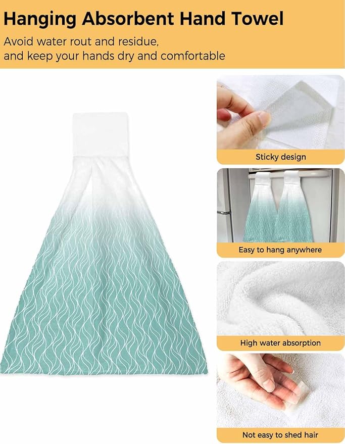 Alandar Home Kitchen Tie Towel Set of 1, Abstract White Wave Line Absorbent Soft Hand Towels for Bathroom Hanging Towels, Modern Stripe on Green Fast Drying Cleaning Cloth with Loop