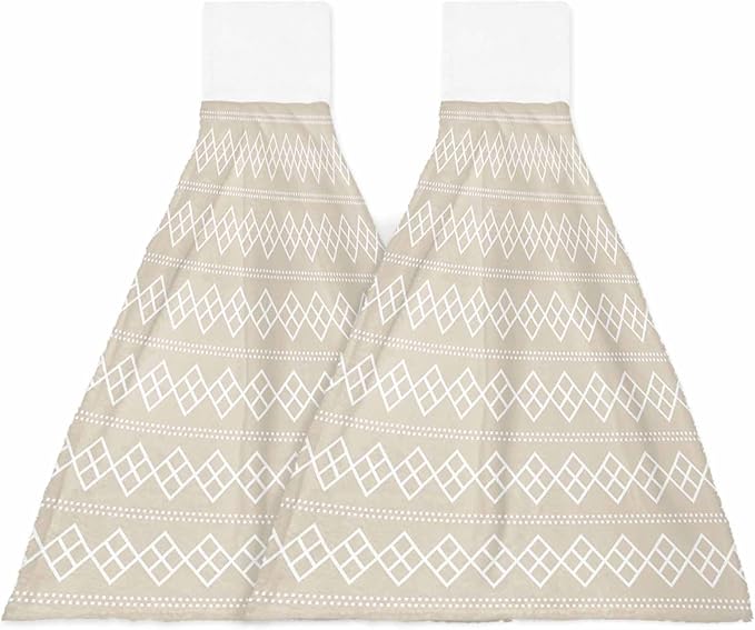 Alandar Home Kitchen Tie Towel Set of 2, Modern Dotted Line Square on Beige Absorbent Soft Hand Towels for Bathroom Hanging Towels, Abstract Geometric Texture Fast Drying Cleaning Cloth with Loop