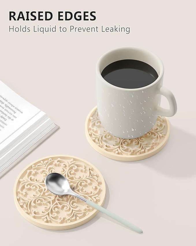 Drink Coasters, Coasters Set of 6 for Cup with Holder, Non-Slip Silicone Cup Mats for Hot and Cold Drinks, Cute Absorbent Coffee Bar Accessories Table Decor, Apricot