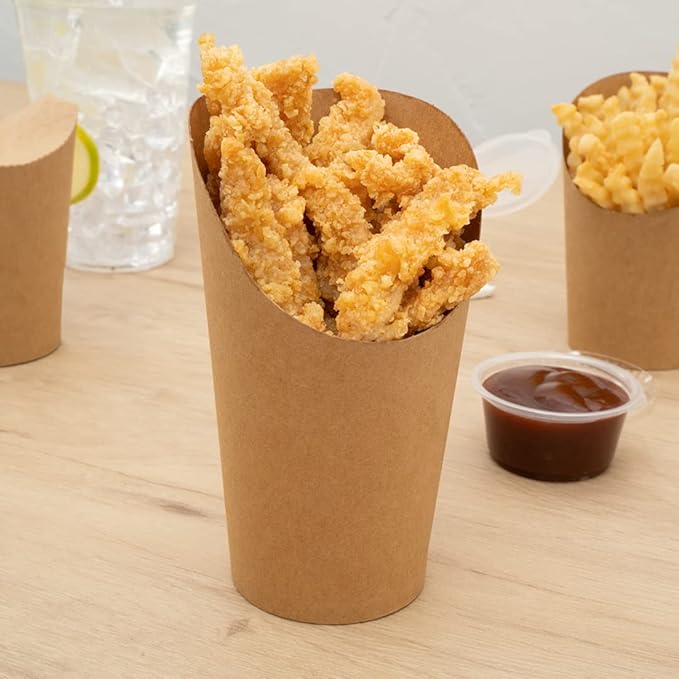 Restaurantware Bio Tek 16 Ounce French Fry Containers 100 Disposable Charcuterie Cups - Incline Design Round Kraft Paper French Fry Cups Stackable For Waffles Chips or Popcorn