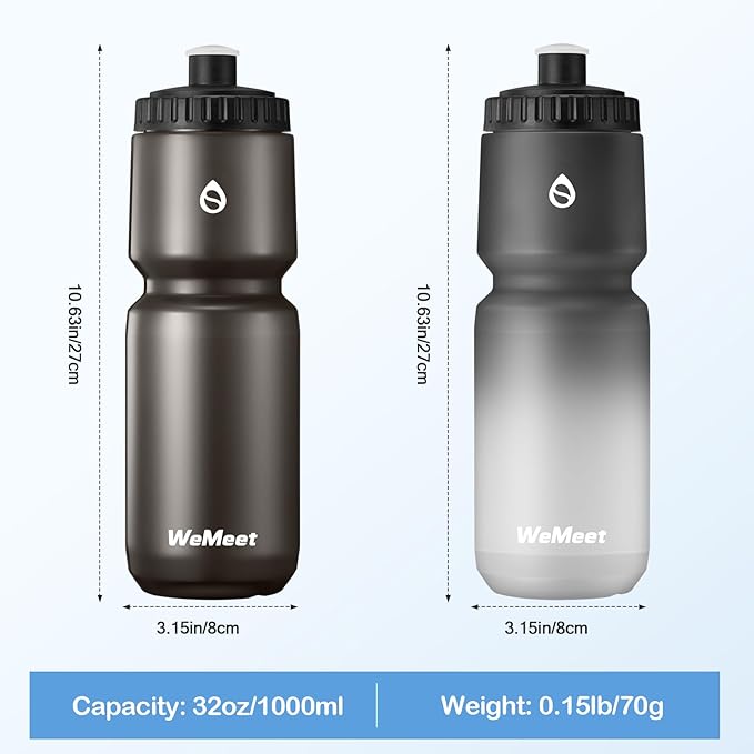 WEMEET 32oz Bike Sport Water Bottle, BPA Free, 2-Pack Leak Proof Cycling Squeeze Water Bottle with Capacity Scale, for Mountain Biking, Camping, Gym (Black & Black White)