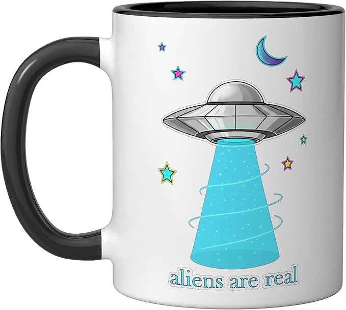 Aliens Are Real Retro UFO Flying Saucer Beam Space Ceramic Mug, Black/White