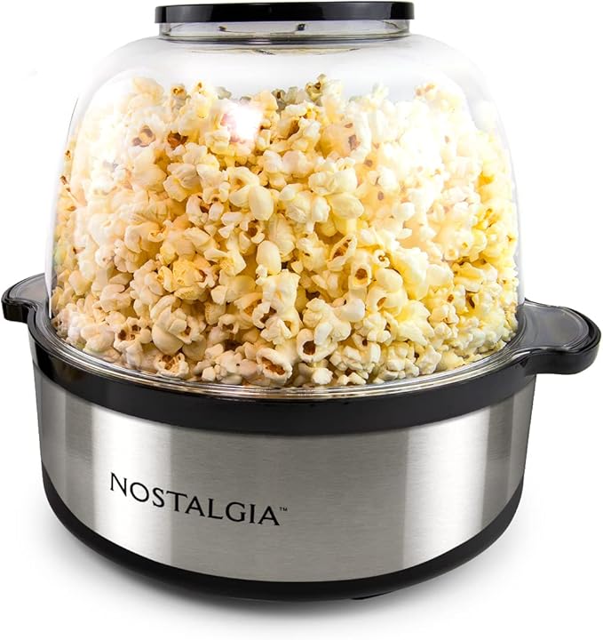Nostalgia Non Stick Stirring Popcorn Maker for 24 Cups of Theatre Style Popcorn with Hot Oil - Dual-Use Lid & Serving Bowl - Quick Heat Technology & Cool Touch Handles - Ez Store - Stainless Steel