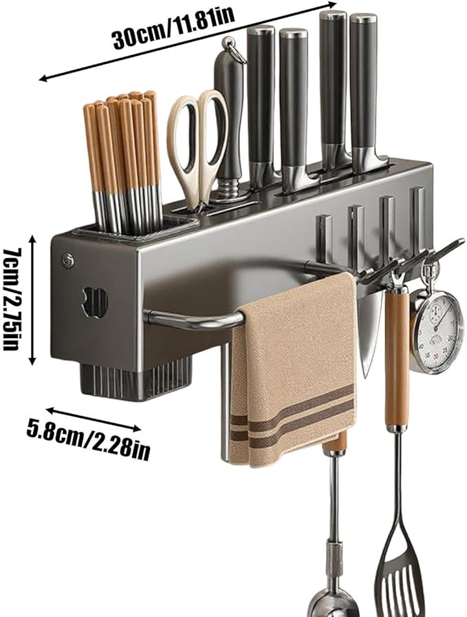 Wall Utensil Rack, Hanging Cutlery Organizer, Storage Kitchen Fixture, No-Borer Hook Hanger, Cooking Tool Spatula Spoon Holder, Home Accessory for Towel, Pan, Pot