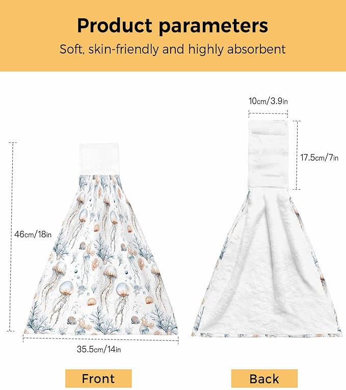 Alandar Home Kitchen Tie Towel Set of 1, Summer Marine Life Jellyfish Absorbent Soft Hand Towels for Bathroom Hanging Towels, Watercolor Starfish Conch Fast Drying Cleaning Cloth with Loop