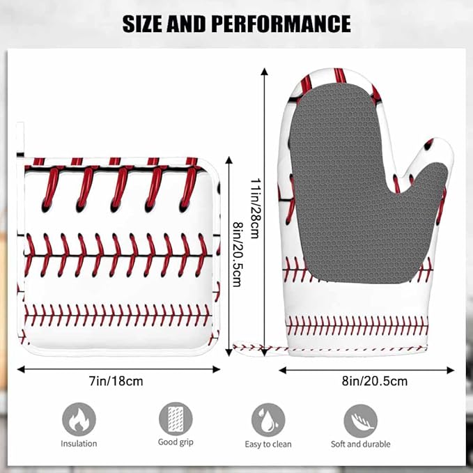 Mxocom Softball Oven Mitts and Pot Holders Sets Baseball Red Lace Over White Background Silicone Heat Resistant Kitchen Oven Gloves Pot Holder for Cooking