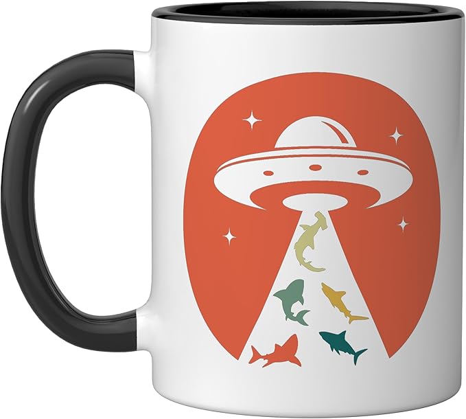 Funny UFO shark lover humor UFO lover flying saucer Ceramic Mug, Black/White