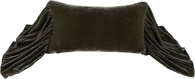 HiEnd Accents Stella Faux Silk Velvet Long Ruffled Pillow, 14x26 inch, Fern Green, Romantic Western Modern Traditional Style Luxury Bedding, Decorative Throw Pillow