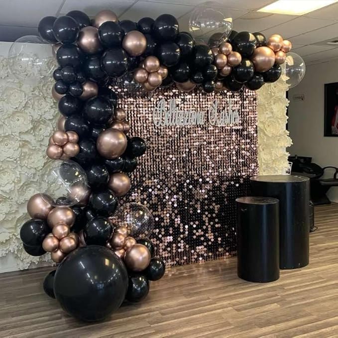Rose Gold and Black Balloons Garland Arch Kit with Stars 200Pcs - 5 10 12 18 22 inch Balloon and Confetti Latex Balloons for Graduation Birthday Anniversary Wedding New Year Party Decorations
