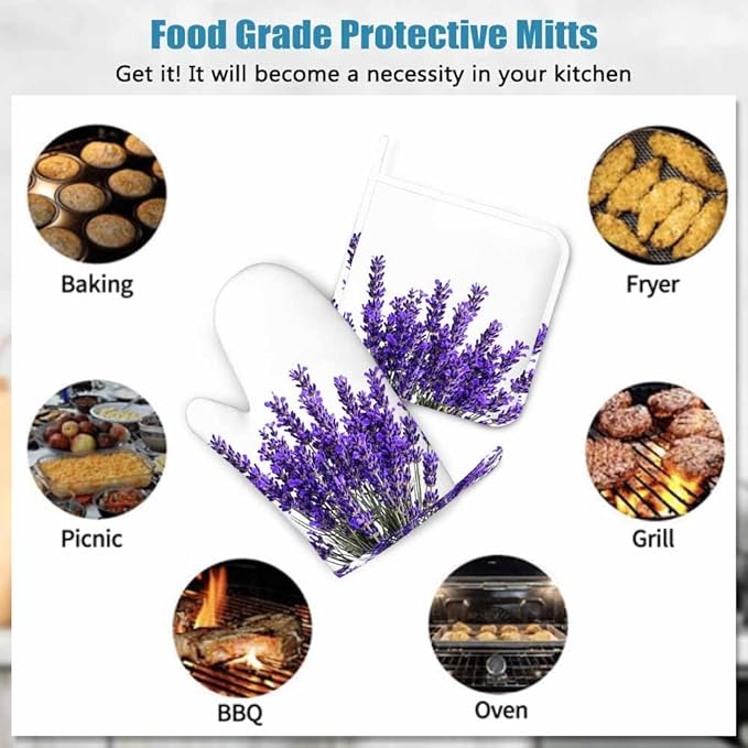 Mxocom Lavender Flowers Oven Mitts and Pot Holders Sets Purple Blooming Flower Silicone Heat Resistant Kitchen Oven Gloves Pot Holder for Cooking