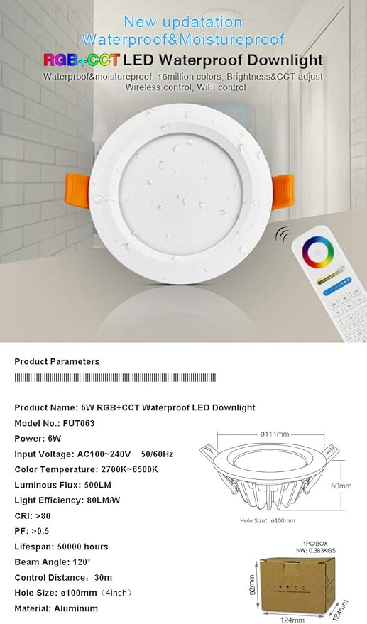 LGIDTECH FUT063 Miboxer RGB CCT 6W LED Recessed Ceiling Downlight 4 Inch AC100-240V IP54, Smartphone APP Control Via WL-Box2 Gateway(Sold Separately)
