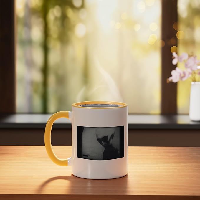 Skinny Bob Alien 1961 KGB Video Real Alien Grey Ceramic Mug, Yellow/White