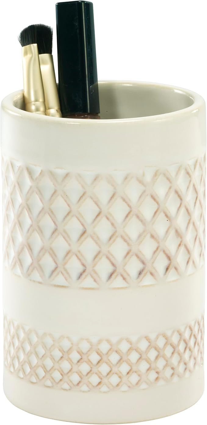 Nicole Miller – Tumbler, Glossy Embossed Trellis Ceramic with Reactive Glaze Detail, Classic Home Decor – Perfect for Holding Toothbrushes and Bathroom Essentials (Lyra)