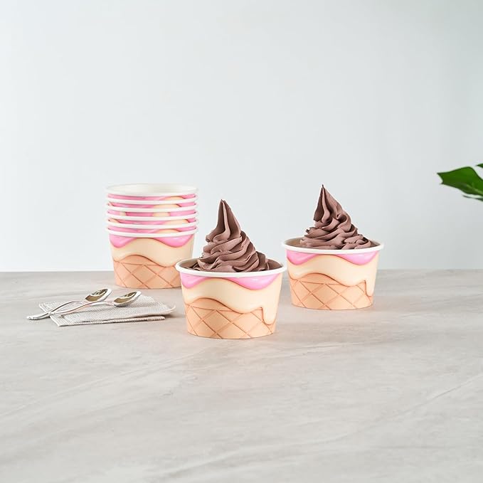 Restaurantware Ice Cream Cups 50 Pack of 8 oz Leak-Resistant Disposable Dessert Bowl Frozen Yogurt Cup Round Paper Container For Cold And Hot Desserts