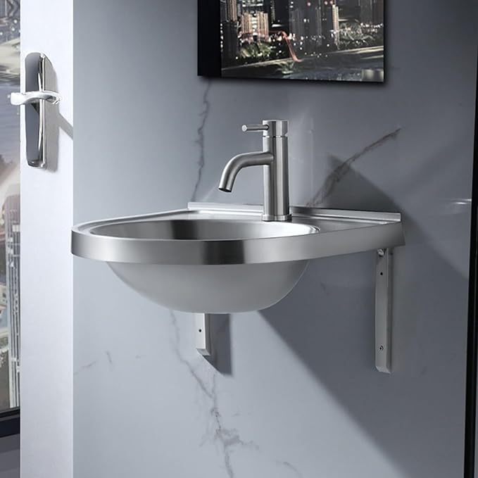 Wall Mounted Commercial Restaurant Sink, Stainless Steel Hand Basin with Faucet and Drain, Single Bowl Kitchen Sinks, for Commercial Restaurant Home Kitchen Workshop,Hot and cold water faucet-1
