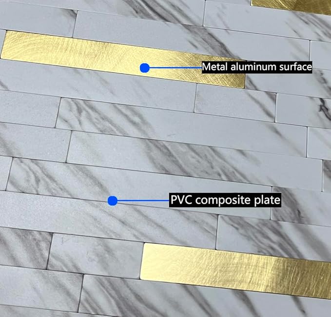 WEIMEISC 10 Sheets Peel and Stick Backsplash Tile for Kitchen, Self-Adhesive Mosaic Tile, Stick on Bathroom Vanities, Fireplace Decor, Laundry Table, White Marble + Gold-3, Metal Aluminum PVC Material