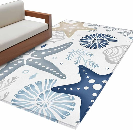 Area Rug 3x5ft, Ocean Starfish Shell Conch Washable Rugs for Living Room Bedroom, Sea Blue Coral Seamless Soft Non-Slip Area Rugs Rectangle Floor Carpet for Dining Room