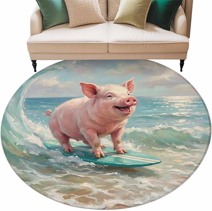 Washable Round Area Rug Surfing Farm Pink Pig Circle Rugs Floor Carpet for Living Room Bedroom, Summer Blue Sea Wave Beach Soft Non Slip Round Rug 5ft
