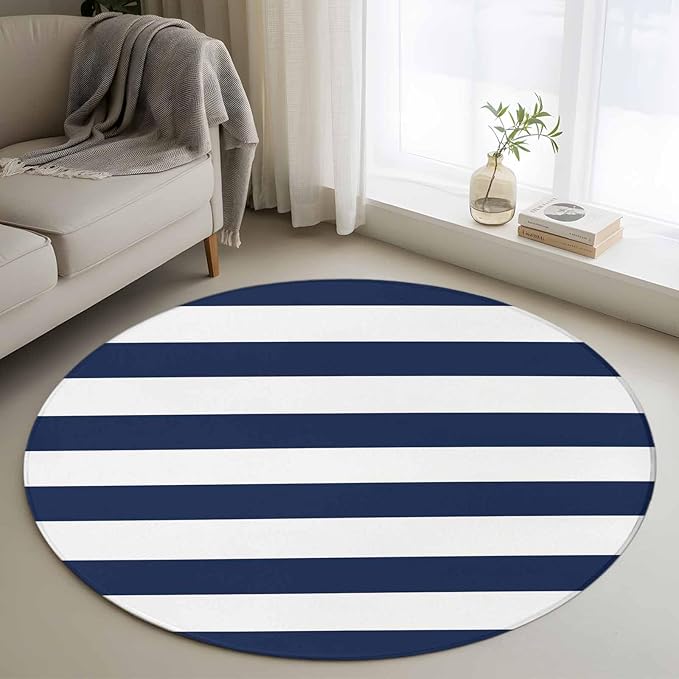 Washable Round Area Rug Nautical Black and White Stripes Circle Rugs Floor Carpet for Living Room Bedroom, Striped Soft Non Slip Round Rug 3ft