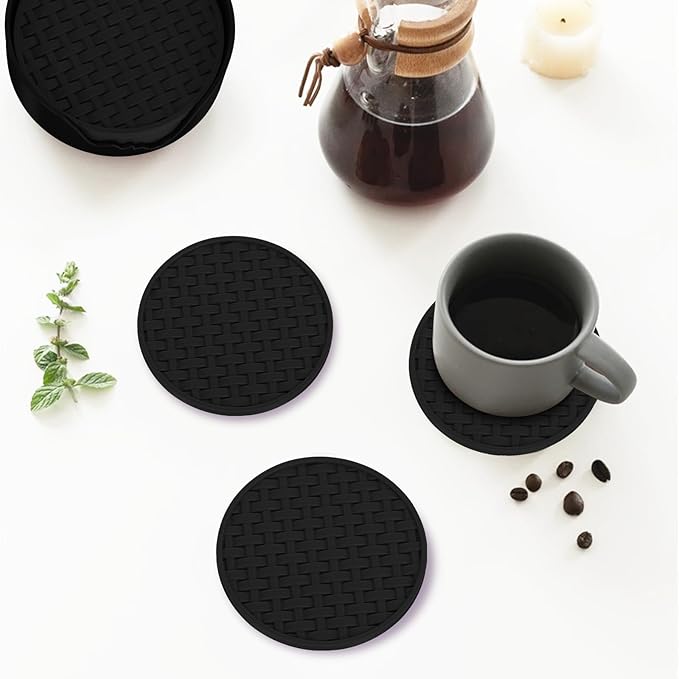 6 Pcs Black Silicone Coasters for Drinks, 4 Inch Heat-Resistant Non-Slip Waterproof Cup Mats, Durable Table Protection Pads for Coffee Mugs & Cups, Home Kitchen Office Decor, Housewarming Gift