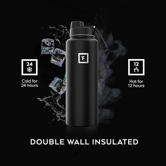 IRON °FLASK Camping & Hiking Hydration Flask with Spout, Wide Mouth Insulated Stainless Steel Sports Water Bottle - Dark Night 40 oz - Spout (1 Lid)