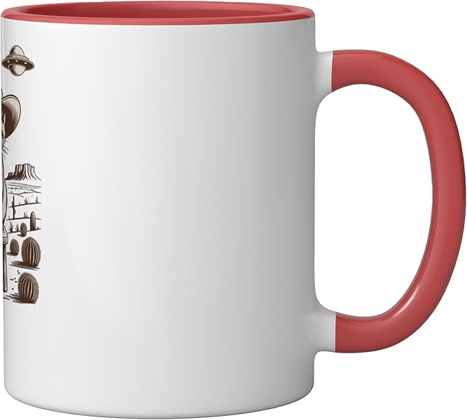 Retro Cowboy Cat UFO Desert Western Feline Art Ceramic Mug, Red/White