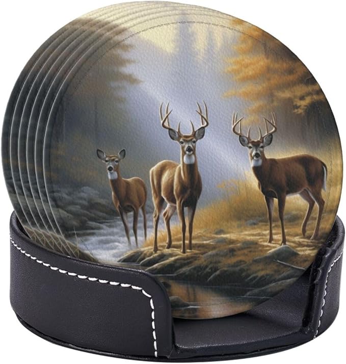 Animal World Wildlife River Edge Deers Leather Drinks Coasters with Holder, Set of 6, Suitable for Various Cups