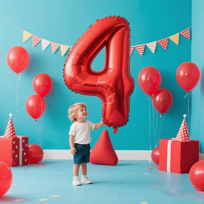Red 4Th Balloon Number for 4th Birthday Decorations, 40 Inch Big Number Balloons for 4 14 40 Anniversaries Celebration Graduation Wedding