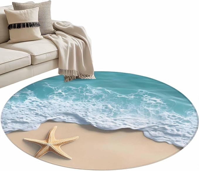 Washable Round Area Rug Beach Starfish Teal Sea Water Circle Rugs Floor Carpet for Living Room Bedroom, Summer Ocean Theme Soft Non Slip Round Rug 3ft