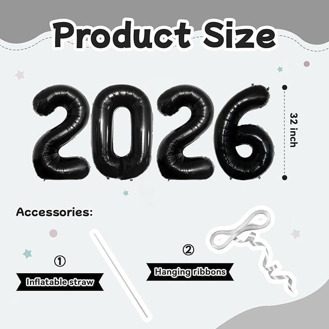 Black 2026 Balloons, Large 32 Inch Foil 2026 Number Balloons, Grad Balloons for Class of 2026 Graduation Party, Black Matellic Foil New Year Birthday Home Office Party Supplies