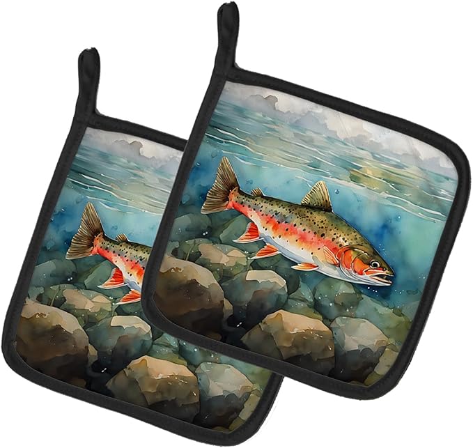 Caroline's Treasures Brook Trout Pair of Pot Holders Kitchen Heat Resistant Pot Holders Sets Oven Hot Pads for Cooking Baking BBQ, 7 1/2 x 7 1/2