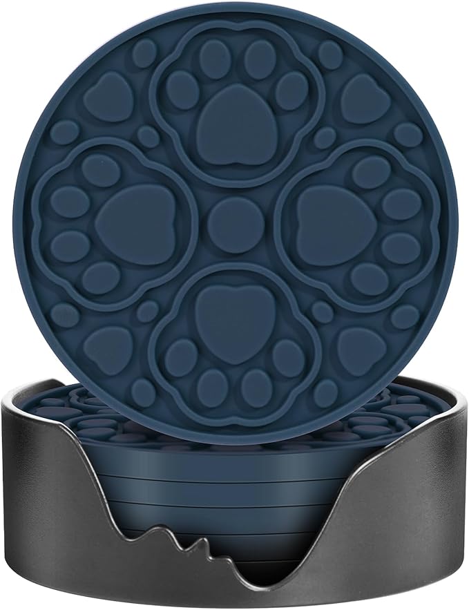 Blue Silicone Coasters with Holder, 4 Inch Non-Slip Round Coffee Cup Mats, Modern Drink Coaster Set of 6 for Desk, Table, Coffee, Beer & Beverage, Dishwasher Safe - Housewarming Gift